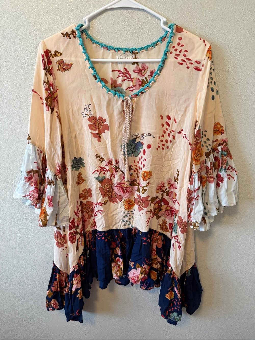 Lula Soul Boho Floral Ruffle Tunic Top Mini Dress Peasant Cottagecore Flowy